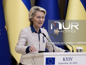 European Commission President Ursula Von Der Leyen speaks during a joint press conference with Ukrainian President Volodymyr Zelenskiy in Ky...