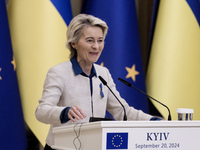 European Commission President Ursula Von Der Leyen speaks during a joint press conference with Ukrainian President Volodymyr Zelenskiy in Ky...