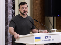 Ukrainian President Volodymyr Zelenskiy during a joint press conference with European Commission President Ursula Von Der Leyen in Kyiv, Ukr...