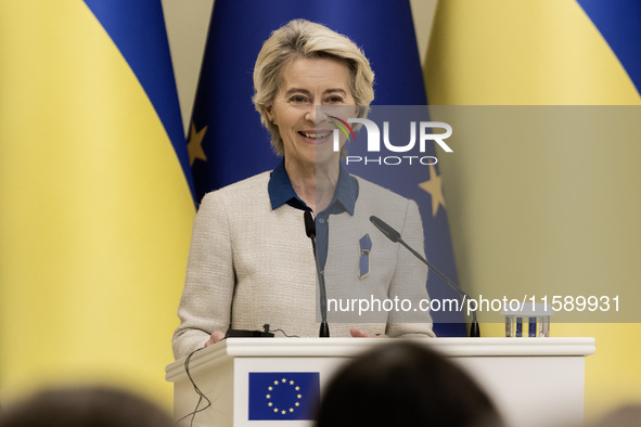 European Commission President Ursula Von Der Leyen speaks during a joint press conference with Ukrainian President Volodymyr Zelenskiy in Ky...