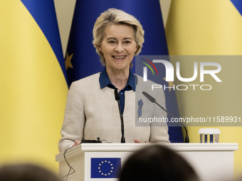 European Commission President Ursula Von Der Leyen speaks during a joint press conference with Ukrainian President Volodymyr Zelenskiy in Ky...