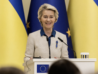 European Commission President Ursula Von Der Leyen speaks during a joint press conference with Ukrainian President Volodymyr Zelenskiy in Ky...