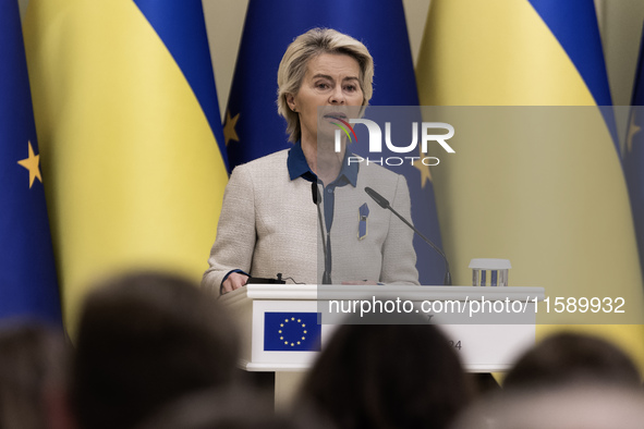 European Commission President Ursula Von Der Leyen speaks during a joint press conference with Ukrainian President Volodymyr Zelenskiy in Ky...