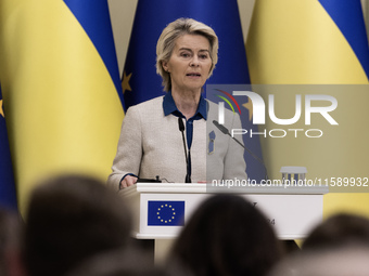 European Commission President Ursula Von Der Leyen speaks during a joint press conference with Ukrainian President Volodymyr Zelenskiy in Ky...