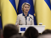 European Commission President Ursula Von Der Leyen speaks during a joint press conference with Ukrainian President Volodymyr Zelenskiy in Ky...