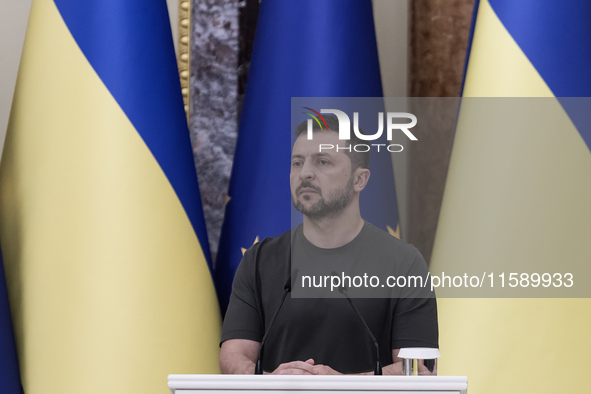 Ukrainian President Volodymyr Zelenskiy during a joint press conference with European Commission President Ursula Von Der Leyen in Kyiv, Ukr...