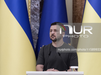 Ukrainian President Volodymyr Zelenskiy during a joint press conference with European Commission President Ursula Von Der Leyen in Kyiv, Ukr...