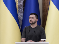 Ukrainian President Volodymyr Zelenskiy during a joint press conference with European Commission President Ursula Von Der Leyen in Kyiv, Ukr...