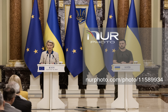 Ukrainian President Volodymyr Zelenskiy and European Commission President Ursula Von Der Leyen attend a joint press conference in Kyiv, Ukra...