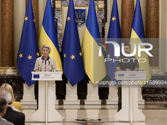 Ukrainian President Volodymyr Zelenskiy and European Commission President Ursula Von Der Leyen attend a joint press conference in Kyiv, Ukra...