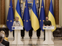 Ukrainian President Volodymyr Zelenskiy and European Commission President Ursula Von Der Leyen attend a joint press conference in Kyiv, Ukra...