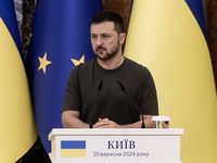 Ukrainian President Volodymyr Zelenskiy during a joint press conference with European Commission President Ursula Von Der Leyen in Kyiv, Ukr...