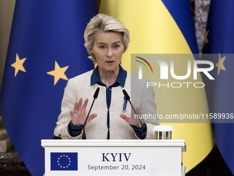 European Commission President Ursula Von Der Leyen speaks during a joint press conference with Ukrainian President Volodymyr Zelenskiy in Ky...