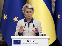 European Commission President Ursula Von Der Leyen speaks during a joint press conference with Ukrainian President Volodymyr Zelenskiy in Ky...