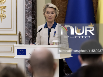 European Commission President Ursula Von Der Leyen speaks during a joint press conference with Ukrainian President Volodymyr Zelenskiy in Ky...