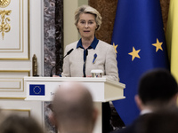 European Commission President Ursula Von Der Leyen speaks during a joint press conference with Ukrainian President Volodymyr Zelenskiy in Ky...