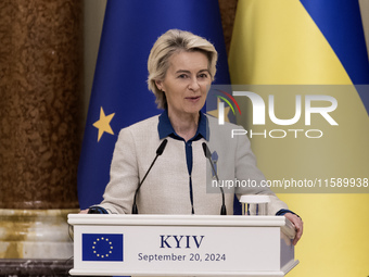 European Commission President Ursula Von Der Leyen speaks during a joint press conference with Ukrainian President Volodymyr Zelenskiy in Ky...