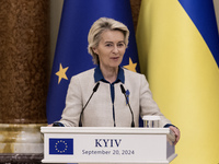 European Commission President Ursula Von Der Leyen speaks during a joint press conference with Ukrainian President Volodymyr Zelenskiy in Ky...