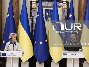 Ukrainian President Volodymyr Zelenskiy and European Commission President Ursula Von Der Leyen attend a joint press conference in Kyiv, Ukra...