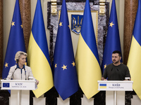 Ukrainian President Volodymyr Zelenskiy and European Commission President Ursula Von Der Leyen attend a joint press conference in Kyiv, Ukra...