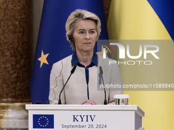 European Commission President Ursula Von Der Leyen speaks during a joint press conference with Ukrainian President Volodymyr Zelenskiy in Ky...