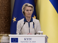 European Commission President Ursula Von Der Leyen speaks during a joint press conference with Ukrainian President Volodymyr Zelenskiy in Ky...