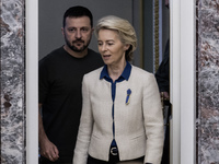 Ukrainian President Volodymyr Zelenskiy and European Commission President Ursula Von Der Leyen attend a joint press conference in Kyiv, Ukra...