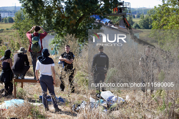 Zadists look at an alod ash tree which will be cut as the 'ecureuil' (i.e., squirrel) living in it has been arrested by Canmo policemen. Can...