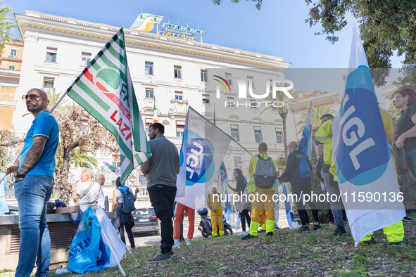 Railway workers protest against salary reductions and benefits cuts in Rome, Italy, on September 20, 2024. 