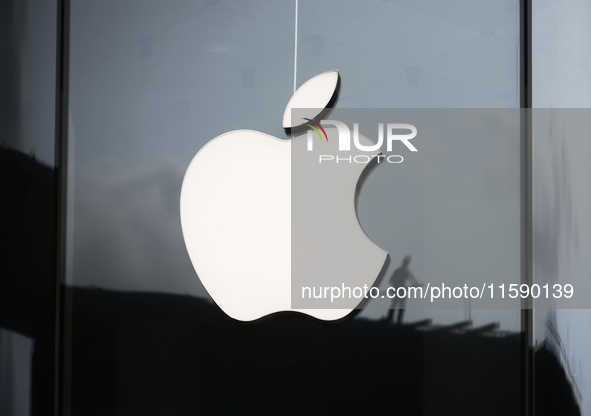 The Apple logo is seen on the launch day of the iPhone 16 series at Apple BKC, in Mumbai, India, on September 20, 2024. The highly awaited i...