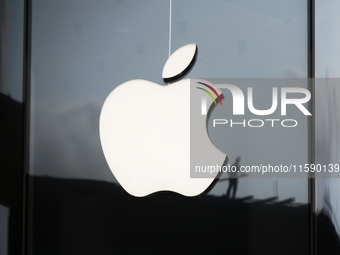 The Apple logo is seen on the launch day of the iPhone 16 series at Apple BKC, in Mumbai, India, on September 20, 2024. The highly awaited i...