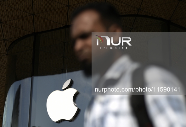 The Apple logo is seen on the launch day of the iPhone 16 series at Apple BKC, in Mumbai, India, on September 20, 2024. The highly awaited i...