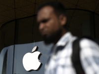 The Apple logo is seen on the launch day of the iPhone 16 series at Apple BKC, in Mumbai, India, on September 20, 2024. The highly awaited i...