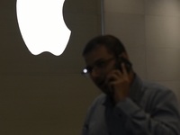 The Apple logo is seen on the launch day of the iPhone 16 series at Apple BKC, in Mumbai, India, on September 20, 2024. The highly awaited i...