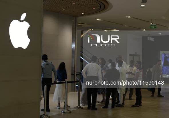 The Apple logo is seen on the launch day of the iPhone 16 series at Apple BKC, in Mumbai, India, on September 20, 2024. The highly awaited i...