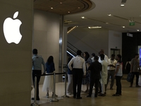 The Apple logo is seen on the launch day of the iPhone 16 series at Apple BKC, in Mumbai, India, on September 20, 2024. The highly awaited i...