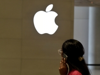 The Apple logo is seen on the launch day of the iPhone 16 series at Apple BKC, in Mumbai, India, on September 20, 2024. The highly awaited i...