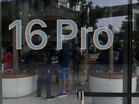 iPhone 16 Pro branding is seen on the launch day of the iPhone 16 series at Apple BKC, in Mumbai, India, on September 20, 2024. The highly a...