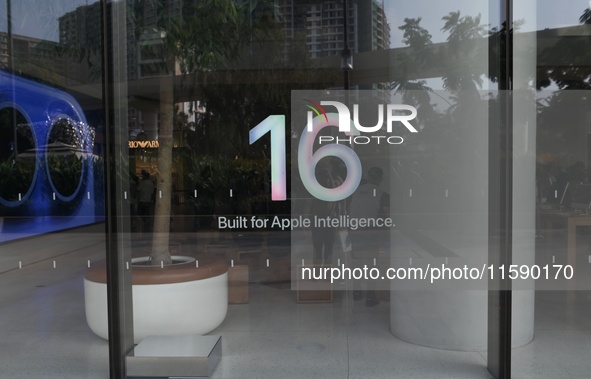 iPhone 16 branding is seen on the launch day of the iPhone 16 series at Apple BKC, in Mumbai, India, on September 20, 2024. The highly await...