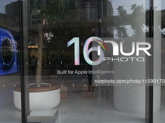 iPhone 16 branding is seen on the launch day of the iPhone 16 series at Apple BKC, in Mumbai, India, on September 20, 2024. The highly await...