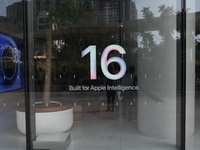 iPhone 16 branding is seen on the launch day of the iPhone 16 series at Apple BKC, in Mumbai, India, on September 20, 2024. The highly await...