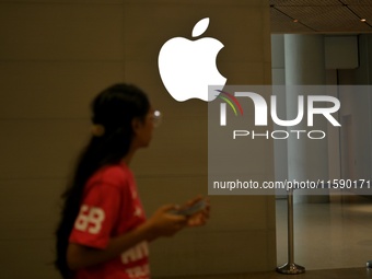 The Apple logo is seen on the launch day of the iPhone 16 series at Apple BKC, in Mumbai, India, on September 20, 2024. The highly awaited i...