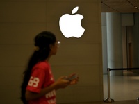 The Apple logo is seen on the launch day of the iPhone 16 series at Apple BKC, in Mumbai, India, on September 20, 2024. The highly awaited i...