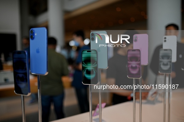 iPhone 16 models are on display on the launch day of the iPhone 16 series at Apple BKC, in Mumbai, India, on September 20, 2024. The highly...