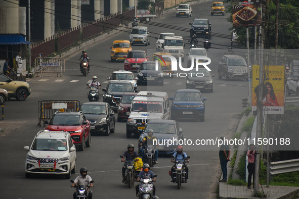 Traffic is seen on a busy road in Kolkata, India, on September 20, 2024. 