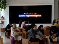 iPhone 16 branding is seen on the launch day of the iPhone 16 series at Apple BKC, in Mumbai, India, on September 20, 2024. The highly await...