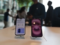 iPhone 16 and iPhone 16 Pro are on display on the launch day of the iPhone 16 series at Apple BKC, in Mumbai, India, on September 20, 2024....