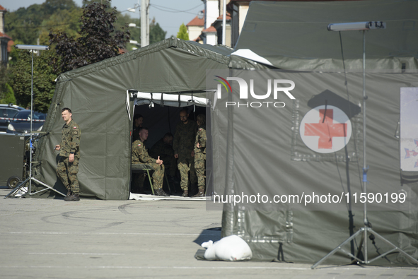 A field hospital has been set up to provide aid to the people from flood-hit areas in Nysa, Poland on September 20, 2024. On September 19, 2...