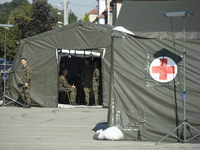 A field hospital has been set up to provide aid to the people from flood-hit areas in Nysa, Poland on September 20, 2024. On September 19, 2...