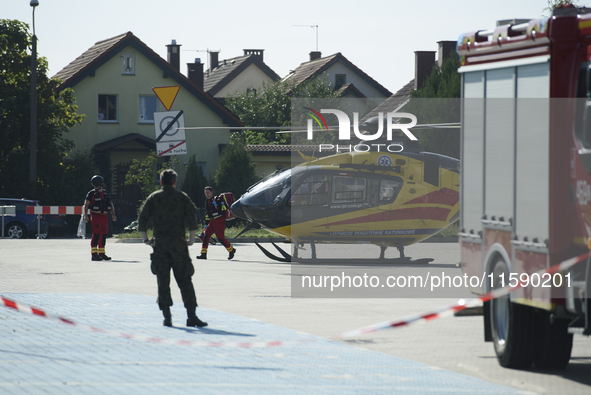 Medical staff arrives by helicopter to the military field hospital in Nysa, Poland on September 20, 2024. On September 19, 2024 the military...